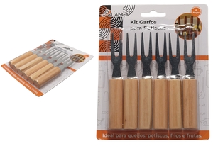 KIT 6 GARFOS PARA PETISCO 11 CM CABO MADEIRA