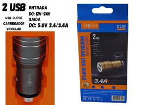 CARREGADOR VEICULAR USB DUPLO SEM CABO GL02
