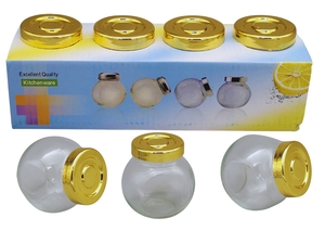 CONJ. 4 POTES DE VIDRO C/ TAMPA DOUR. 8,5CMX6CMX8CM 20116