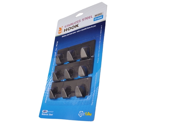 GANCHO ADESIVO INOX/PRETO  9 PCS 3,5CM X 4CM  20396